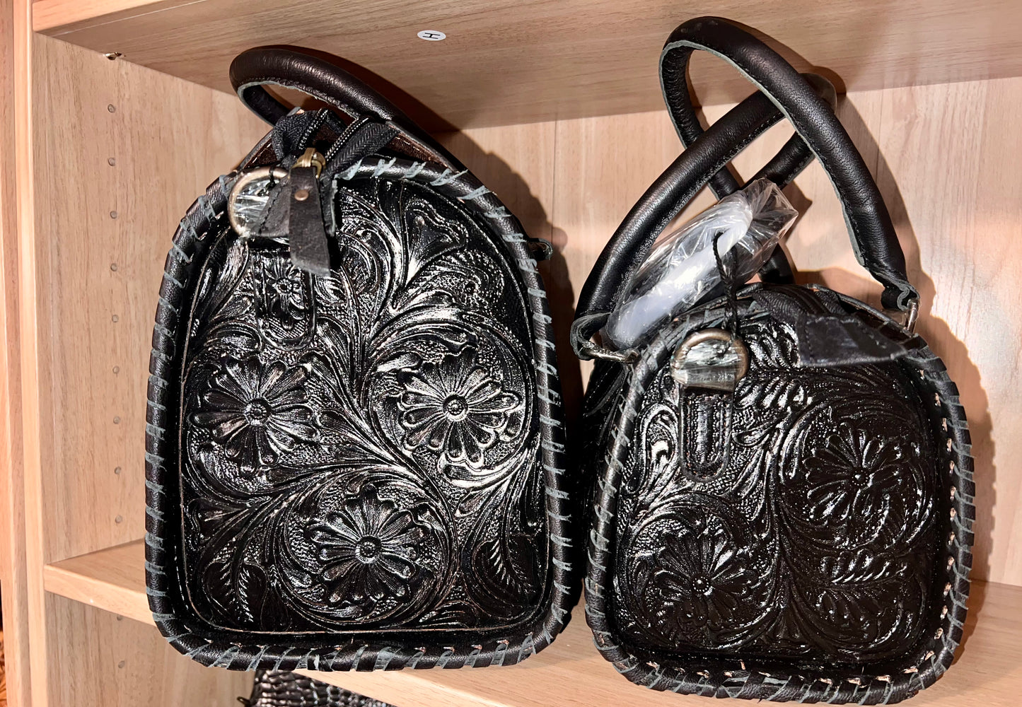 BLACK FLORAL TOOLED LEATHER SPEEDY DUFFLE BAG SMALL