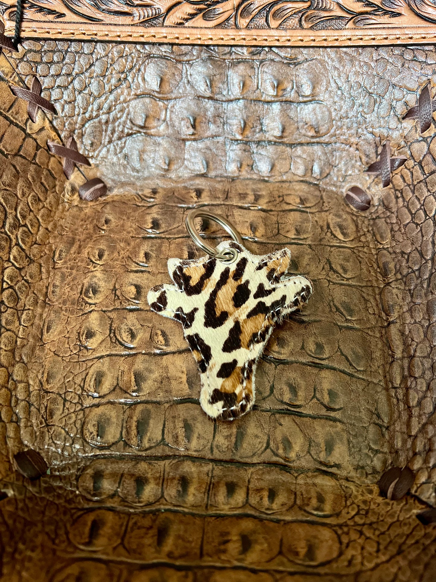 Leopard Print on Cowhide Leather Key Ring