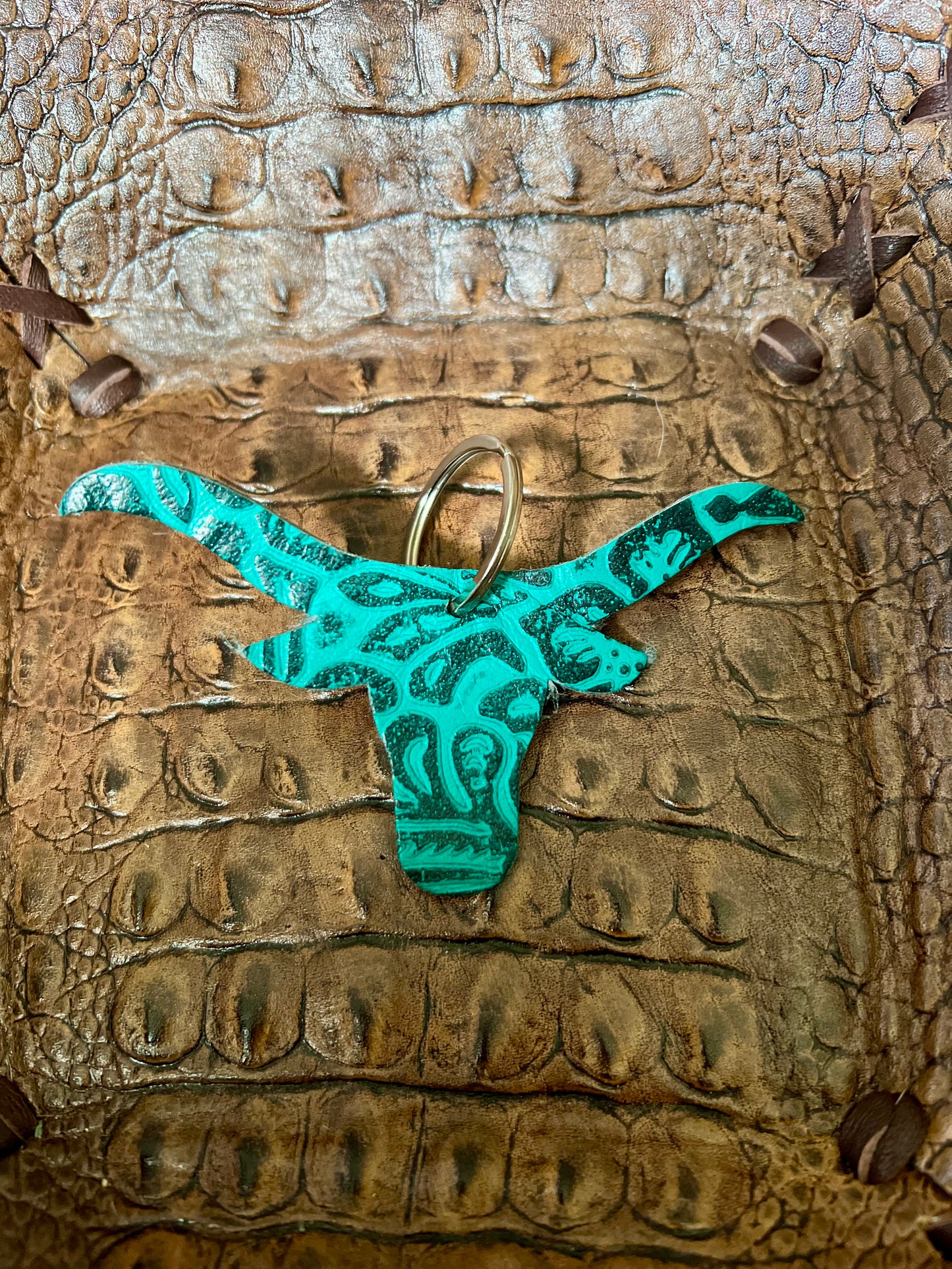 Western Highland Tooled Leather Key Ring - Turquoise