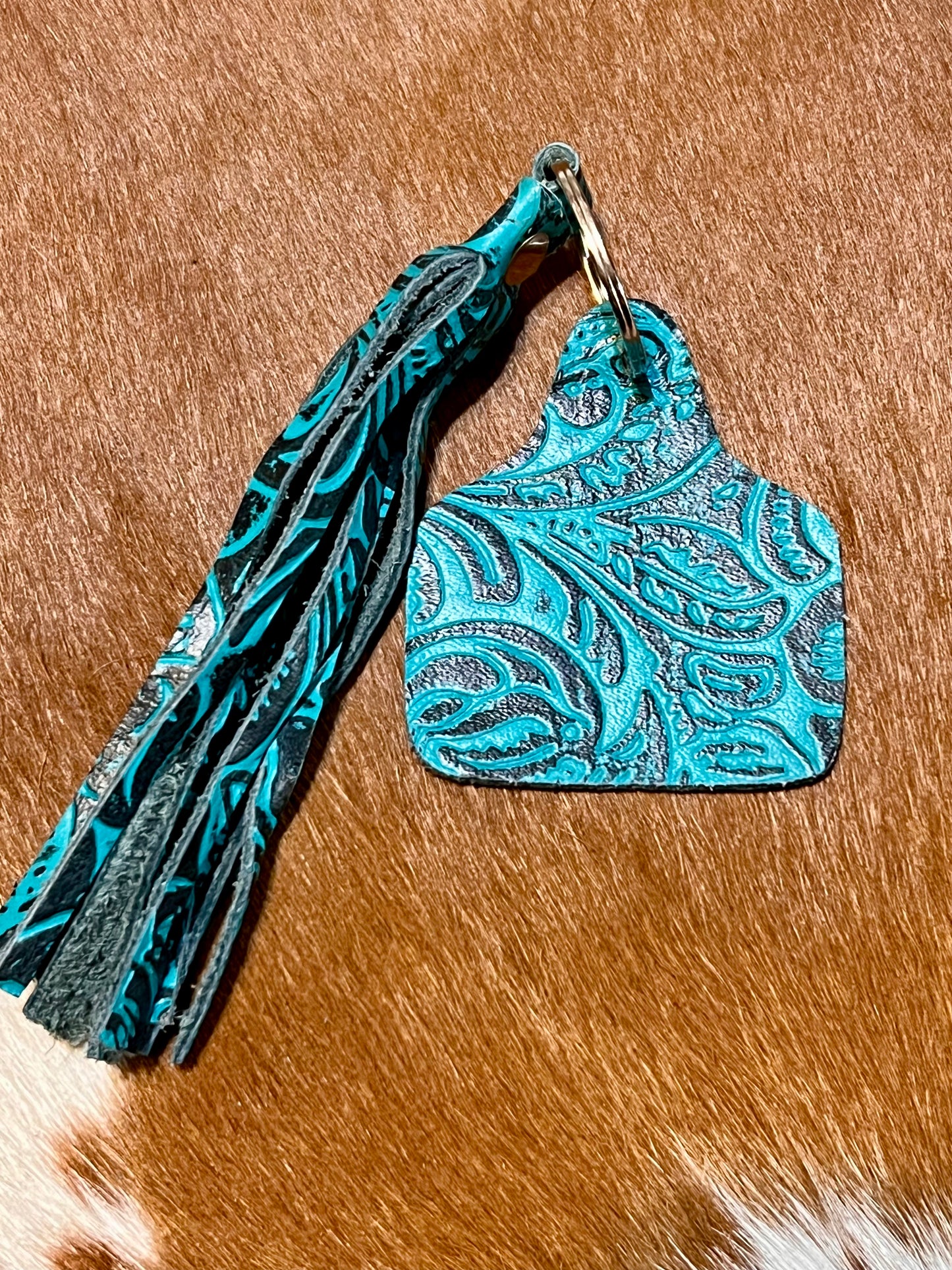 Tooled Leather Cattle Tag Keychain - Turquoise