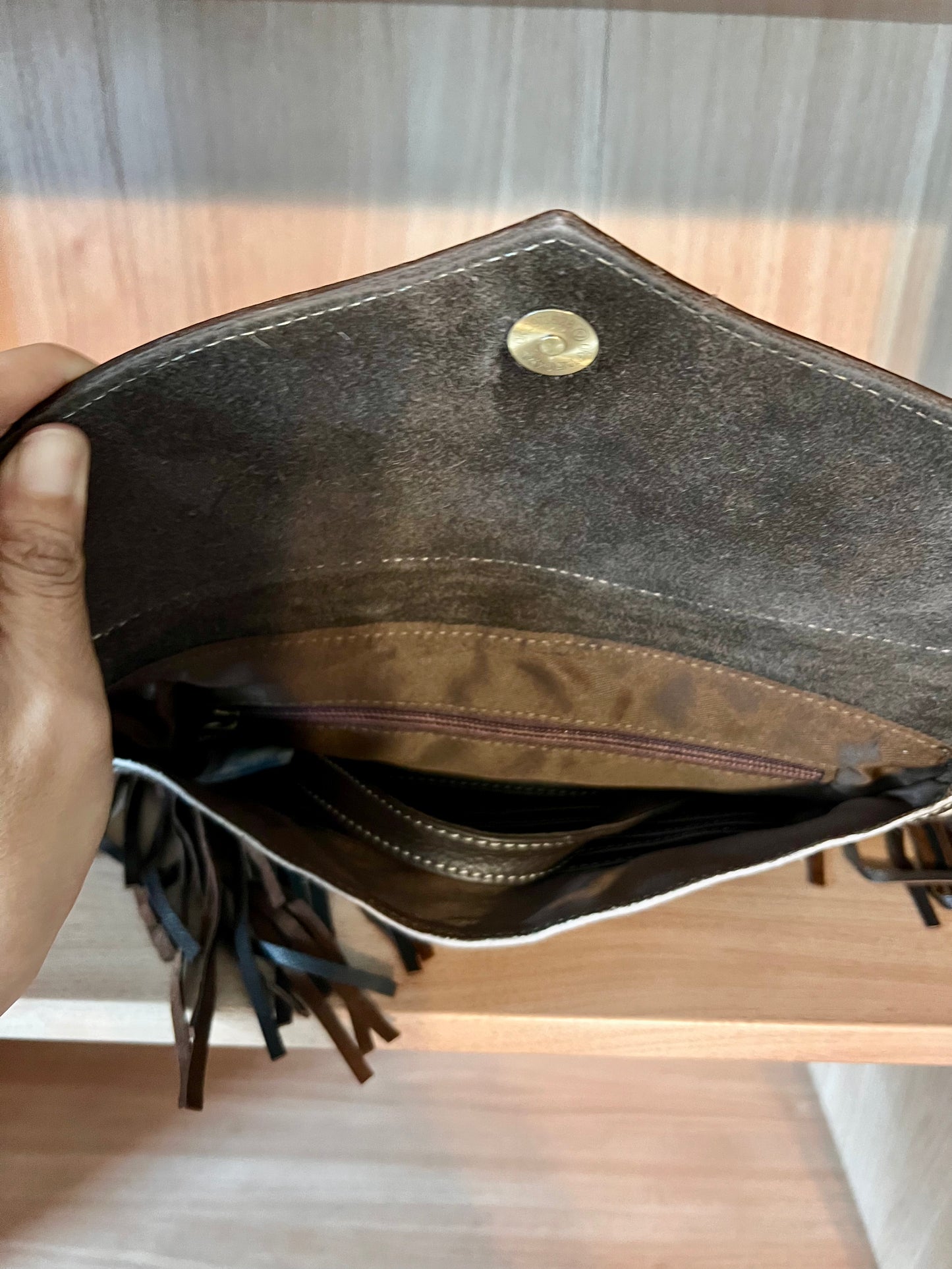 Cowhide Crossbody with Fringe - Brown Tooled Leather 1