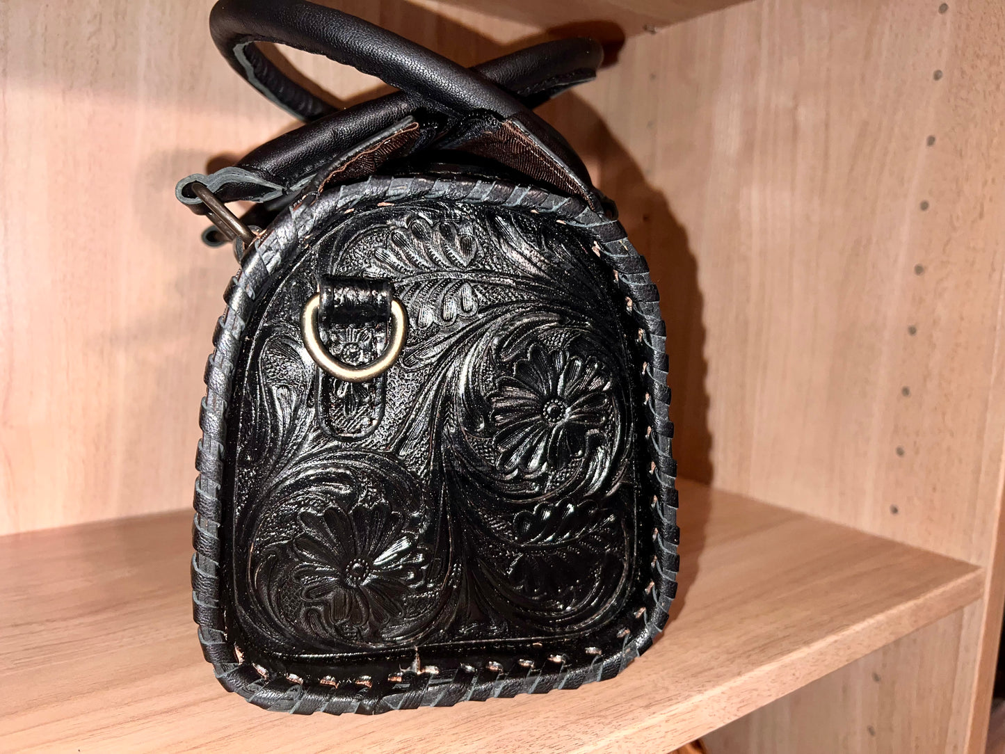 BLACK CONCHO TOOLED LEATHER SPEEDY BAG SMALL