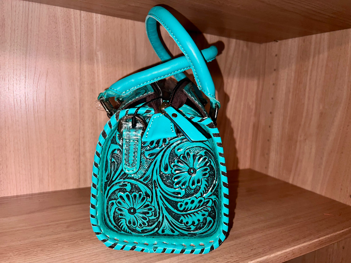 TURQUOISE FLORAL TOOLED LEATHER SPEEDY DUFFLE BAG SMALL
