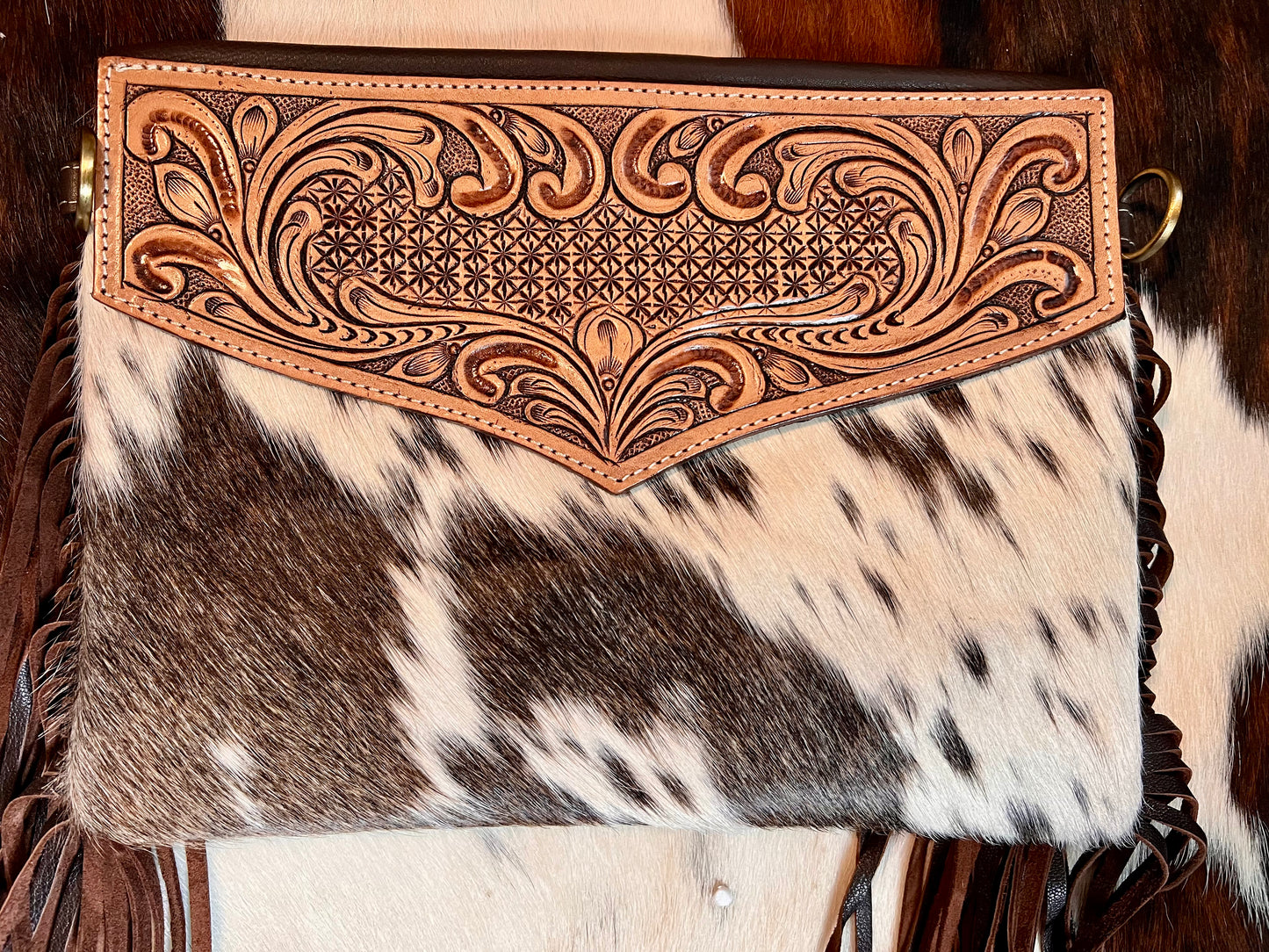 Cowhide Crossbody with Fringe - Brown Tooled Leather 1