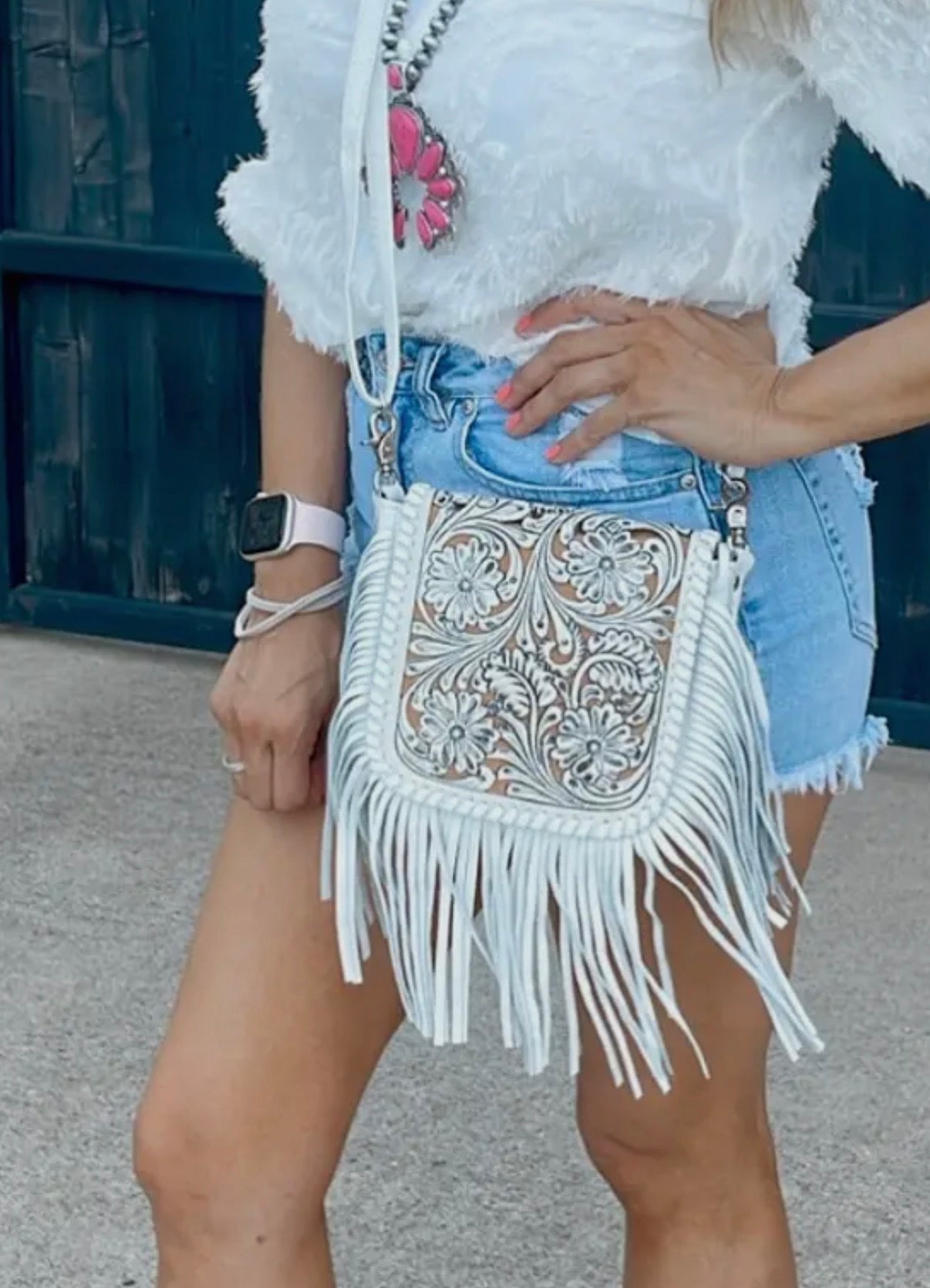 Large Lexie Crossbody- White-Lasercut Fringe Crossbody Purse - Tan or Turquoise Inlay