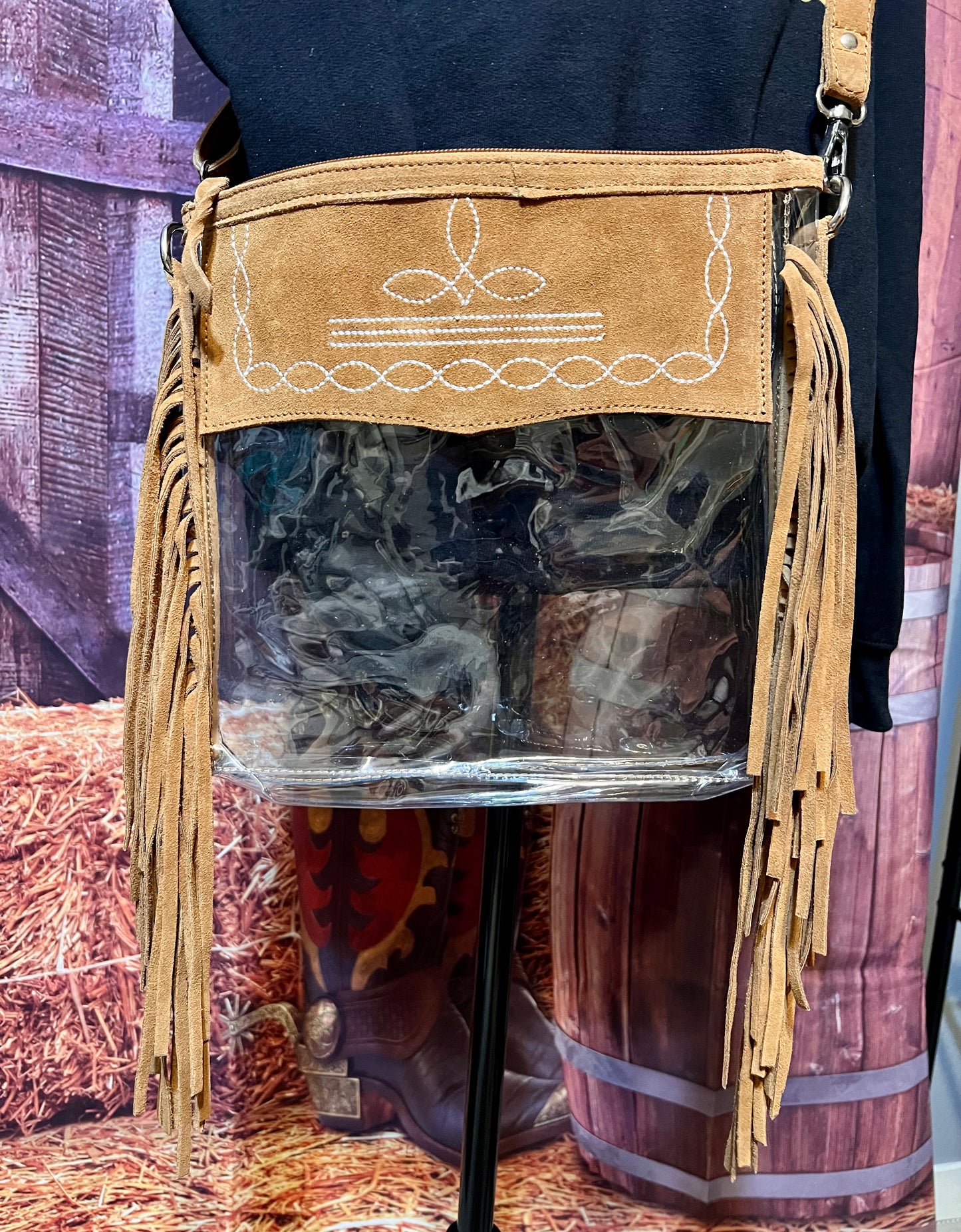 Clear Crossbody Bag with Genuine Leather - Light Brown Boot-stitch and Fringe