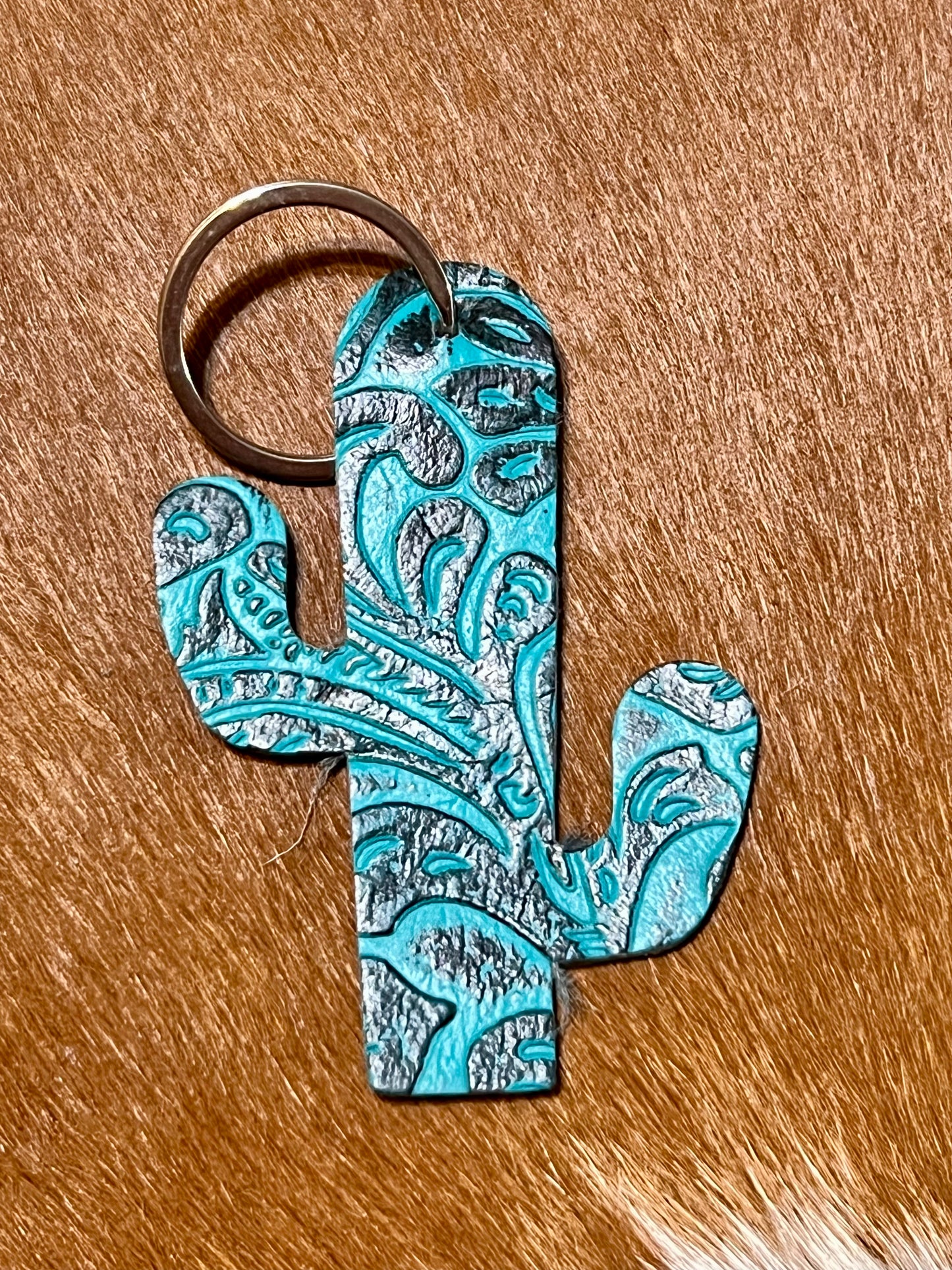 Tooled Leather Cactus Keychain - Teal
