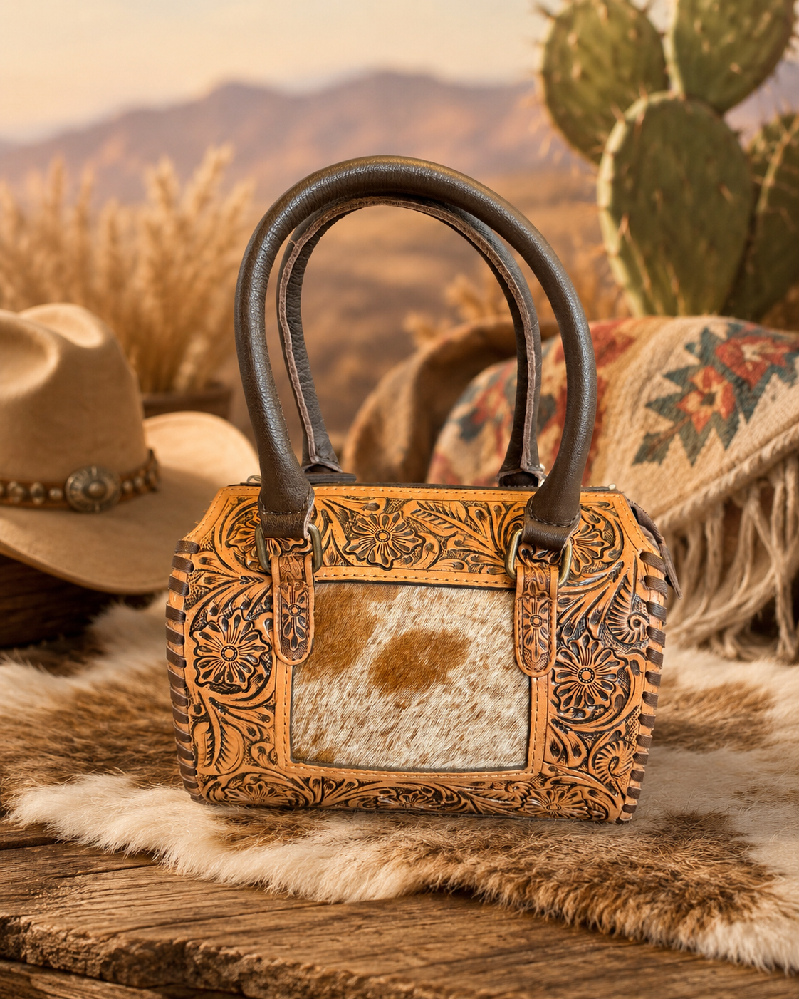 Chestnut Brown Speedy with Cowhide Western Genuine Leather Barrel Bag Purse: Small