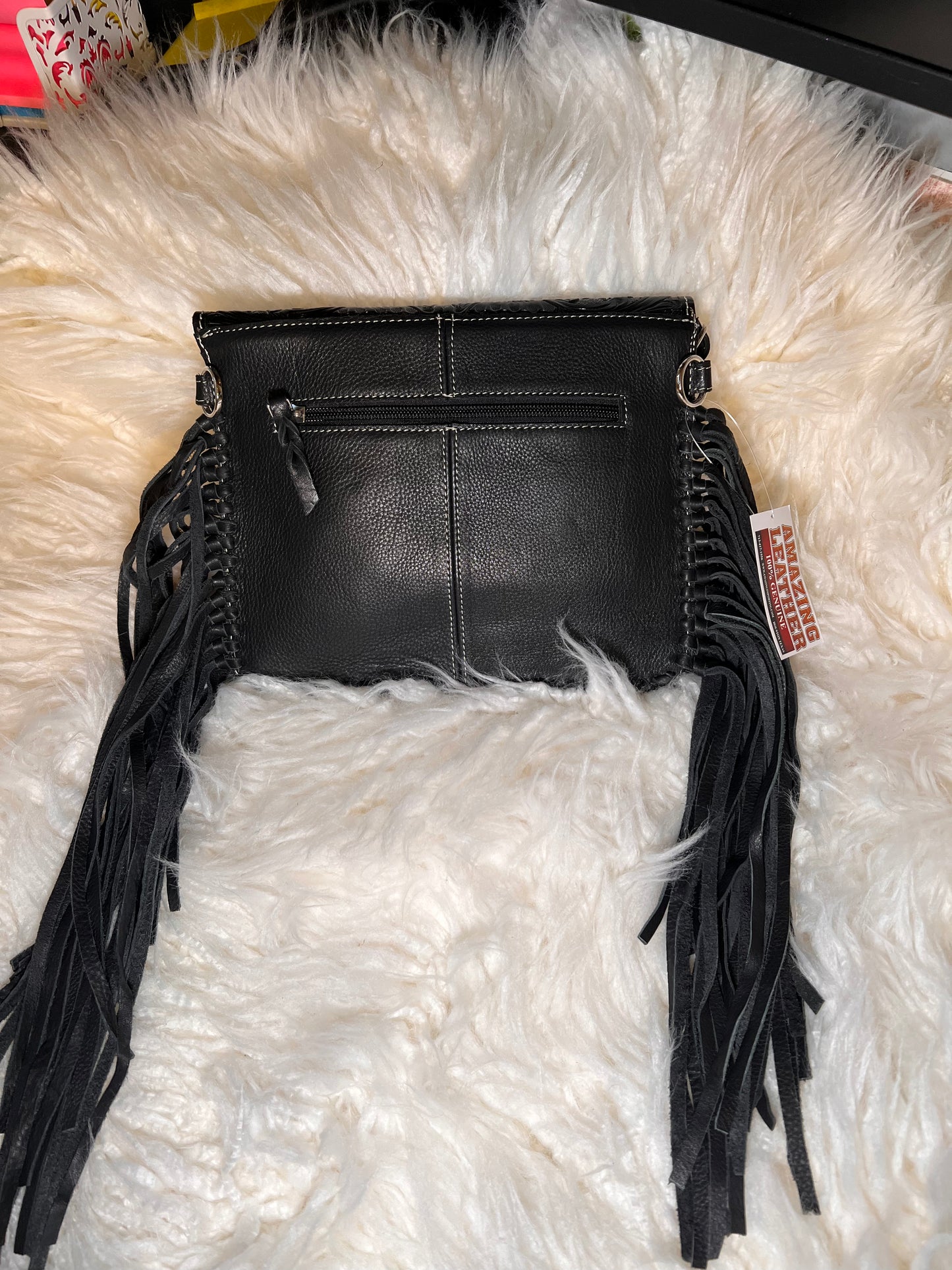Cowhide Crossbody with Fringe - Black Leather 1