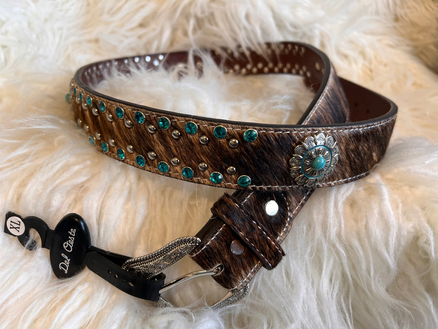 Cowhide With Turquoise Rhinestones Belt