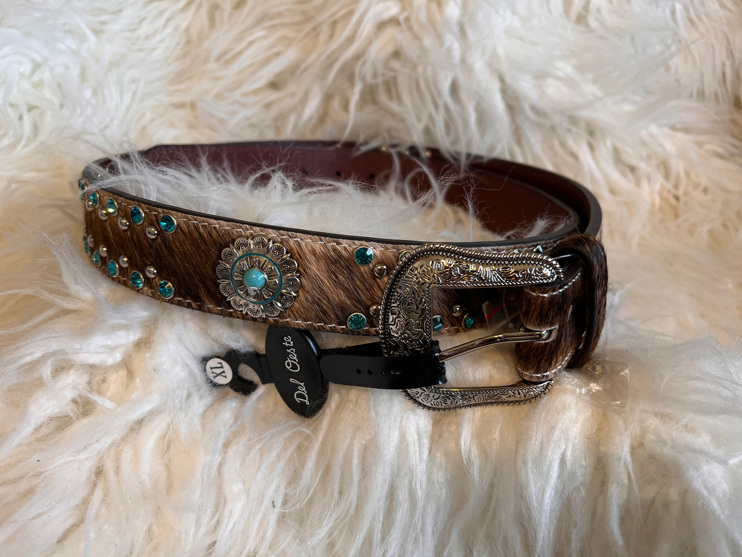 Cowhide With Turquoise Rhinestones Belt