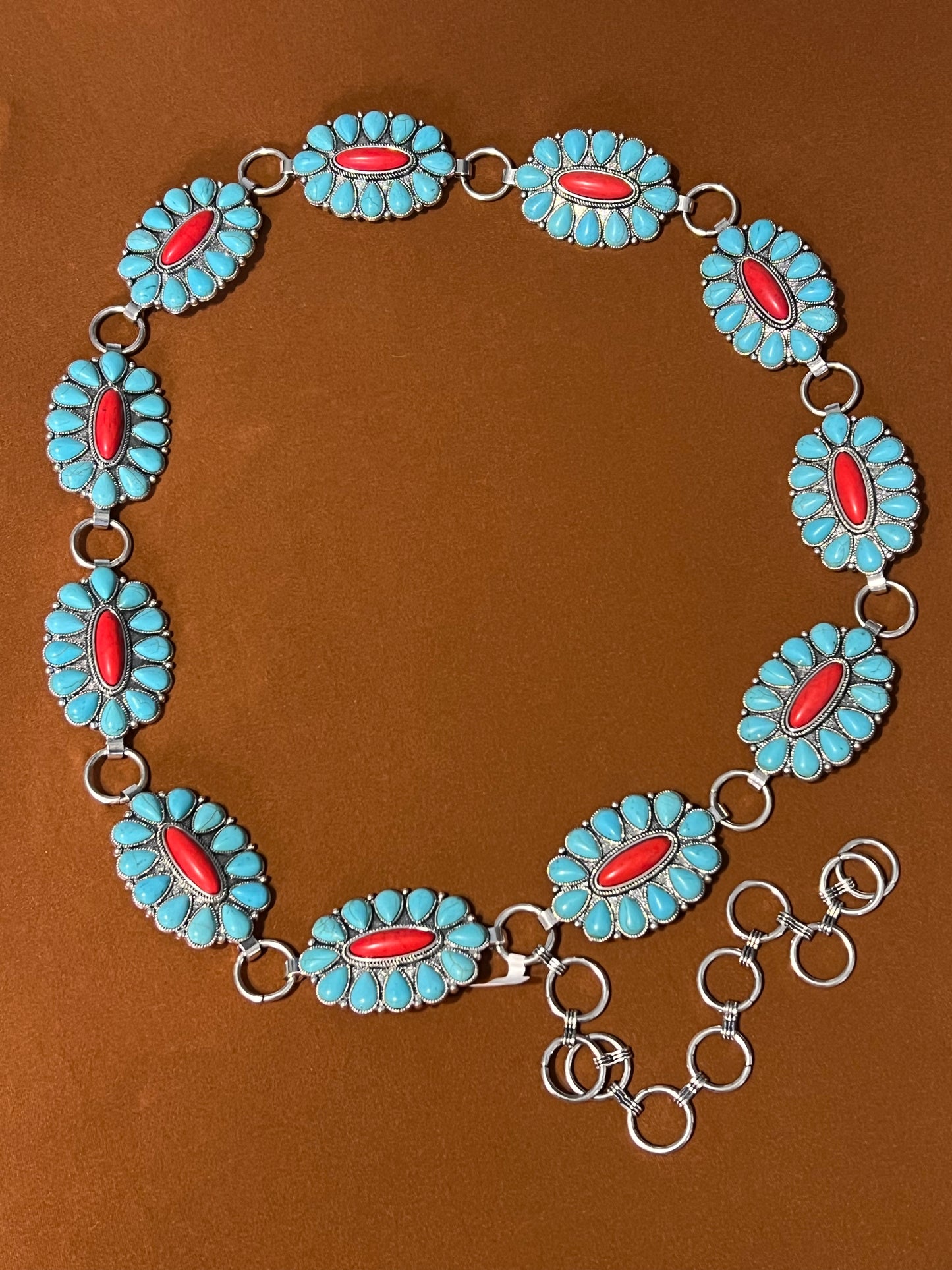 Large Turquoise Concho with Red Stone Metal Belt