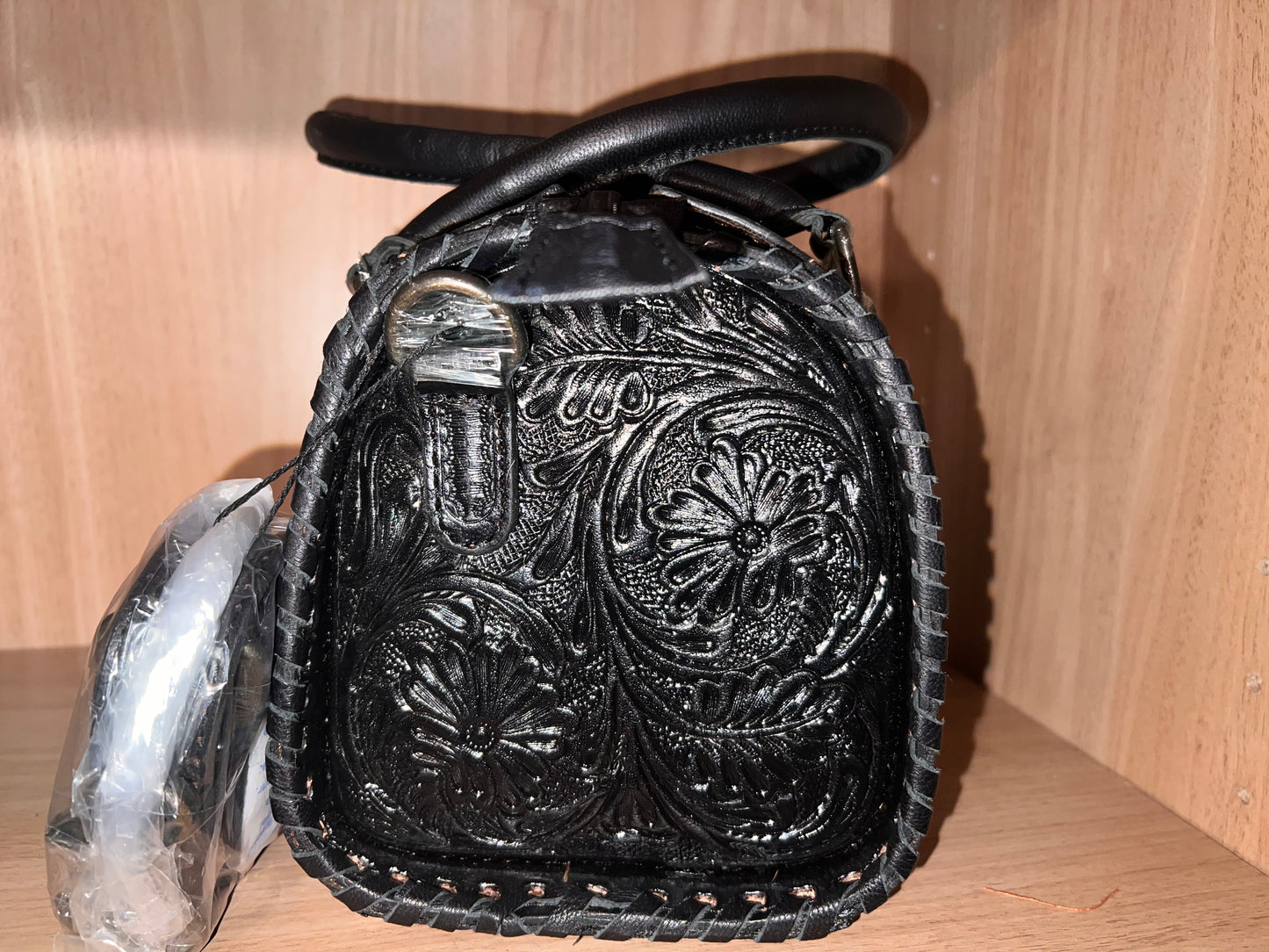 BLACK FLORAL TOOLED LEATHER SPEEDY DUFFLE BAG SMALL