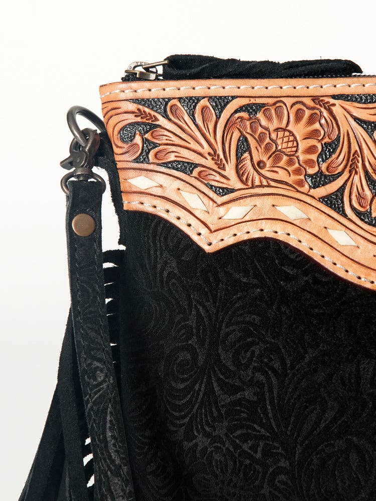AMERICAN DARLING Crossbody Genuine Leather Western Leather Bag: ADBG109DM1D BLK with Fringe