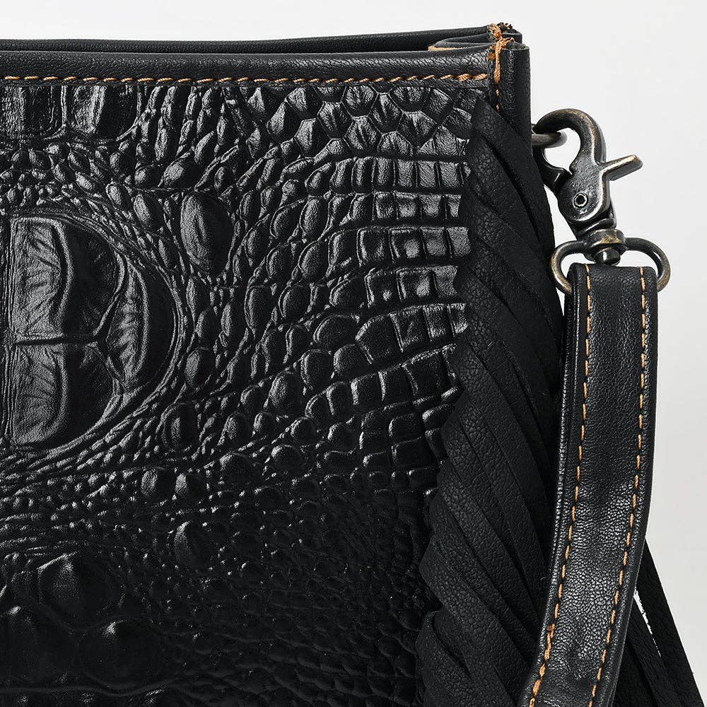 ADBG1579 Black Crocodile Embossed Leather Fringe Crossbody Bag: ADBG1579