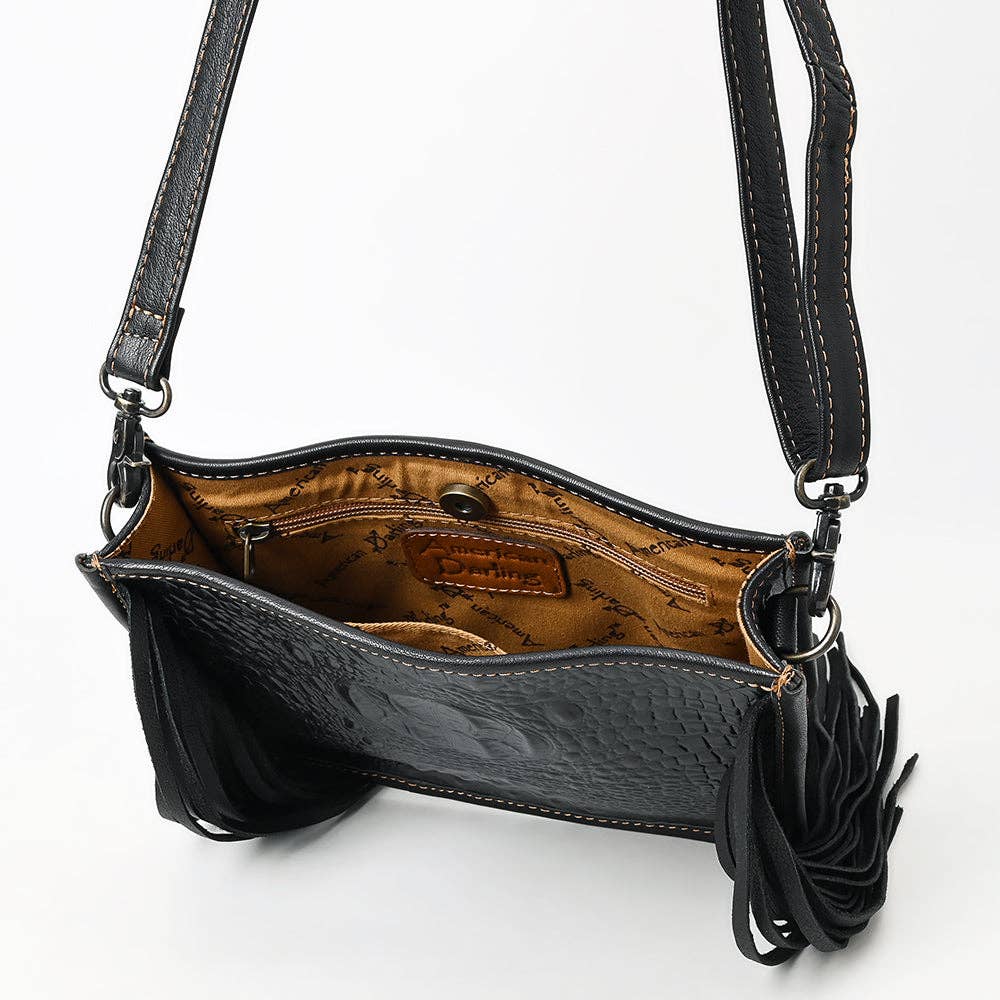 ADBG1579 Black Crocodile Embossed Leather Fringe Crossbody Bag: ADBG1579