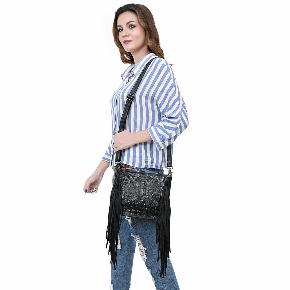 ADBG1579 Black Crocodile Embossed Leather Fringe Crossbody Bag: ADBG1579