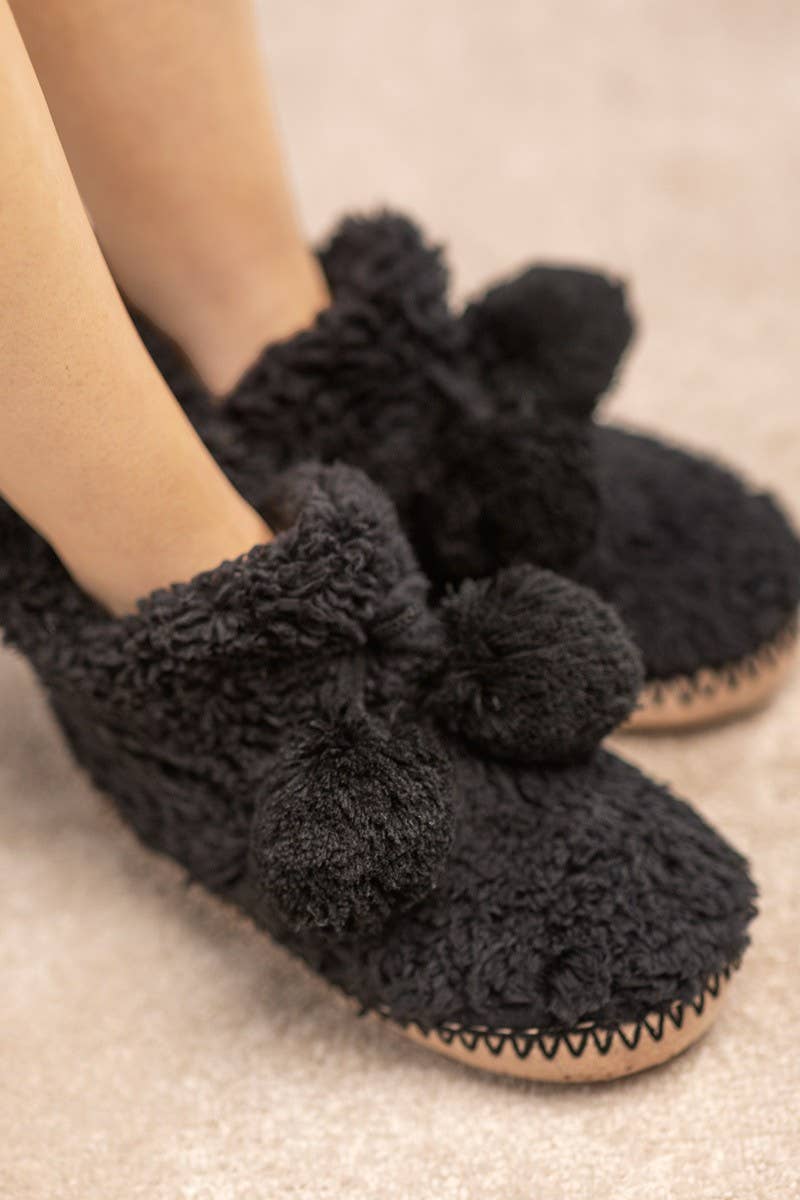 Cozy Booties Slipper with Ball Accent: BLACK(L/XL) shoe size 8-10