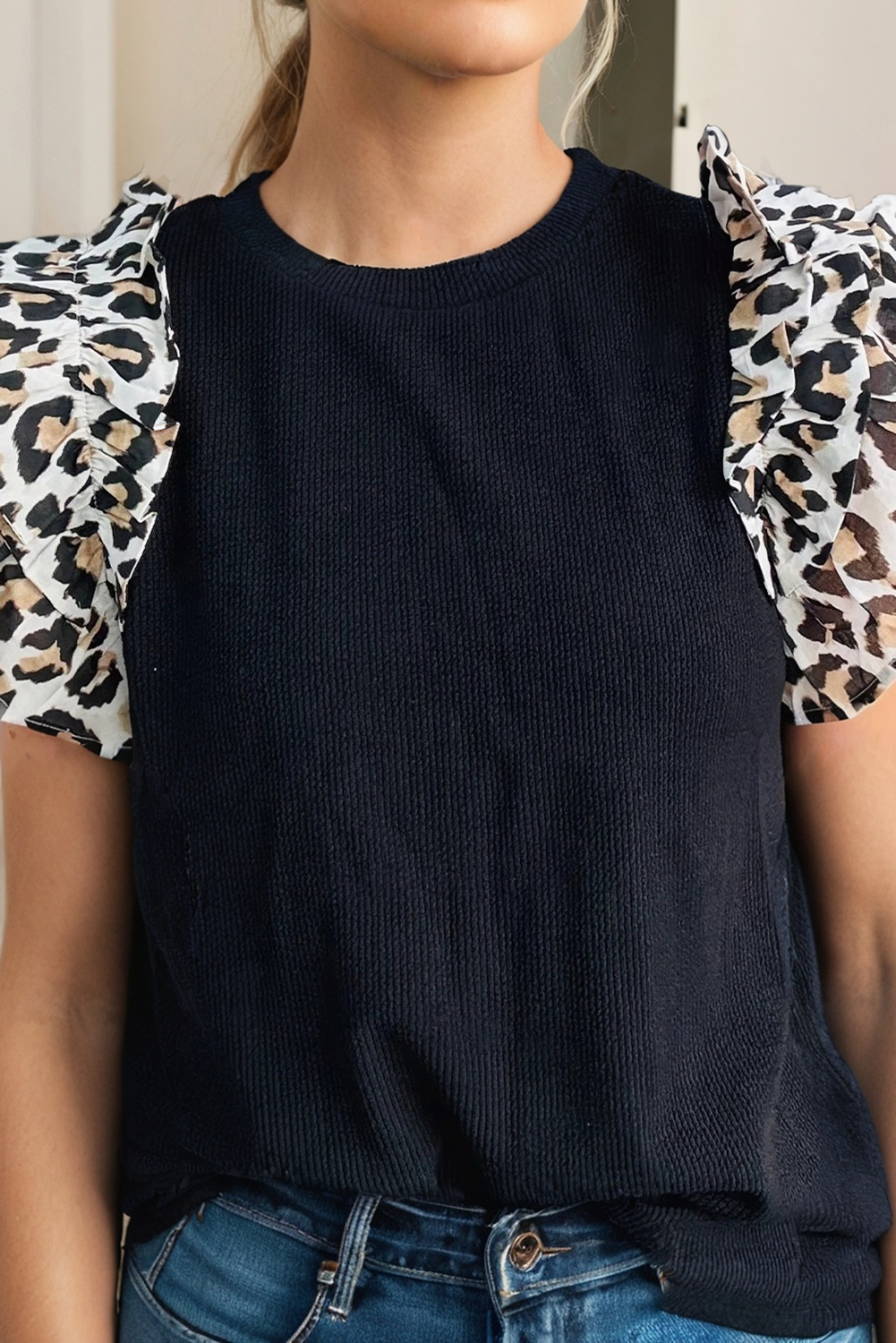 Knit Contrast Leopard Ruffled Sleeve Womens Loose Top: Black