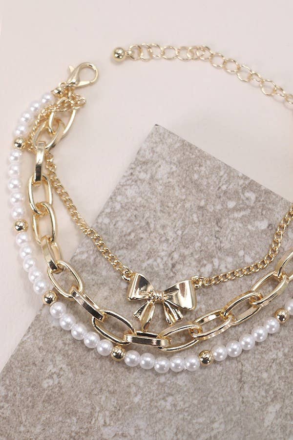 BOW PEARL LINK TRIO SET BRACELETS | 80B146: GOLD