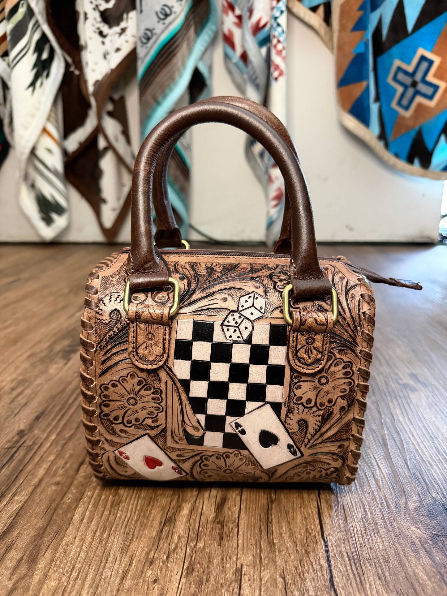 Aces Checkered Tooled Leather Western Speedy Purse : Small