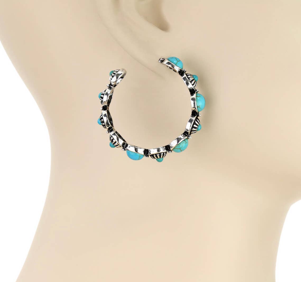 Large Western Hoop Stone Conch Earrings: Turquoise