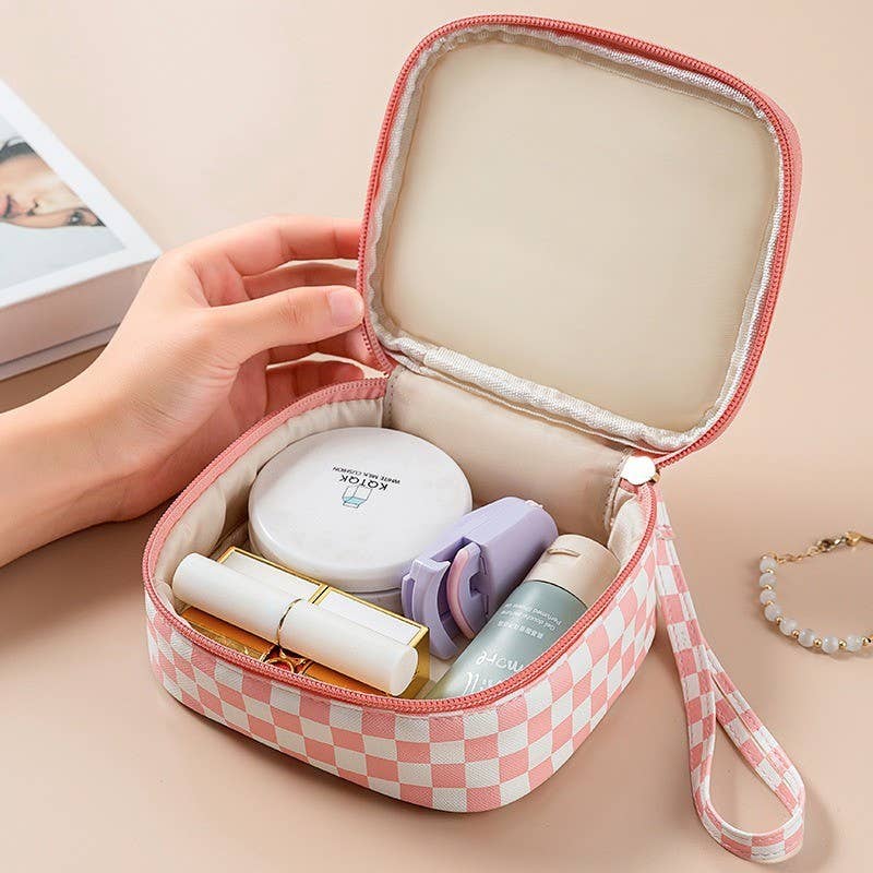 TRAVEL CHECKER MAKEUP COSMETIC POUCH BAG | 40P537: Pink