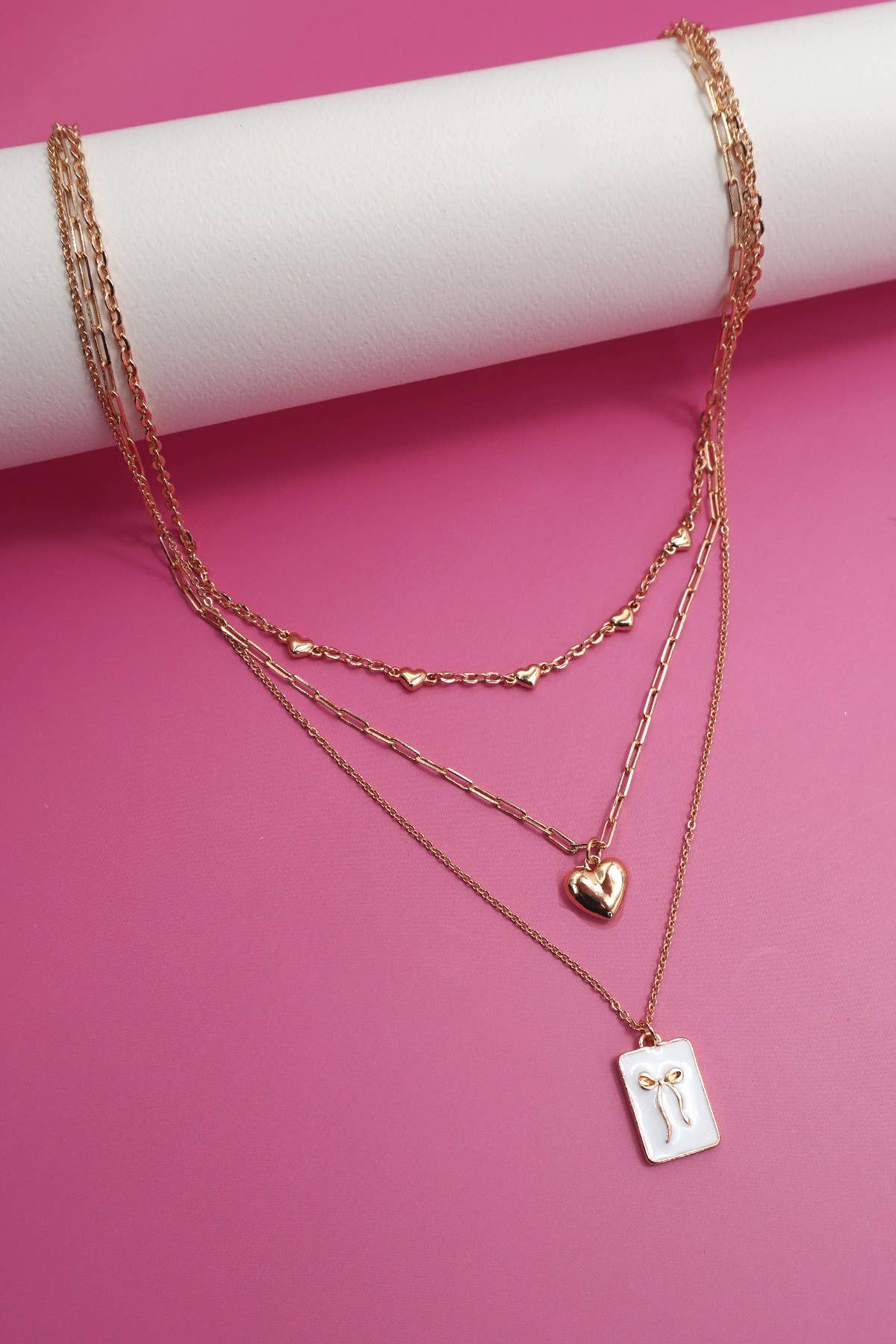 SQUARE BOW EPOXY CHARM LAYERED NECKLACE | 80N91936: GOLD