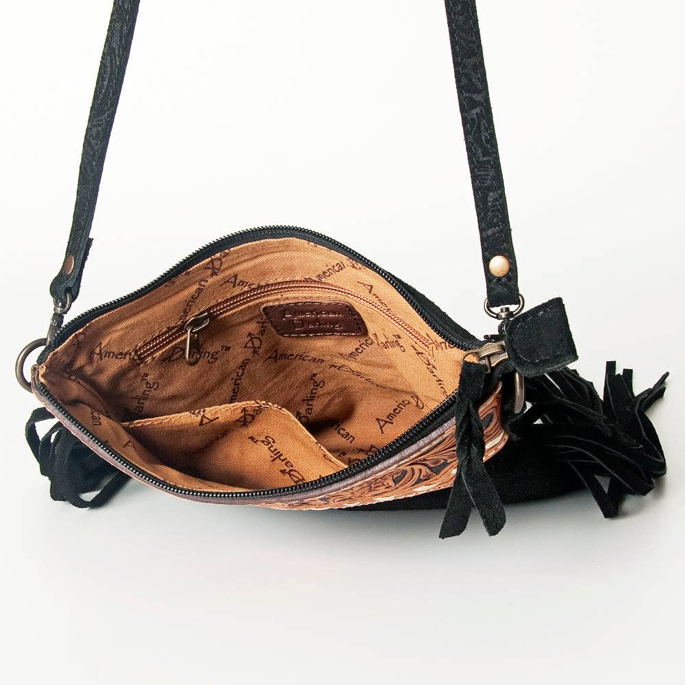 AMERICAN DARLING Crossbody Genuine Leather Western Leather Bag: ADBG109DM1D BLK with Fringe