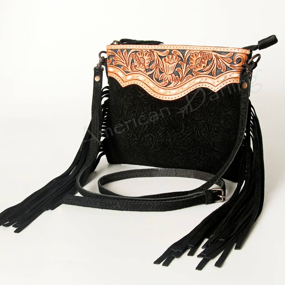 AMERICAN DARLING Crossbody Genuine Leather Western Leather Bag: ADBG109DM1D BLK with Fringe