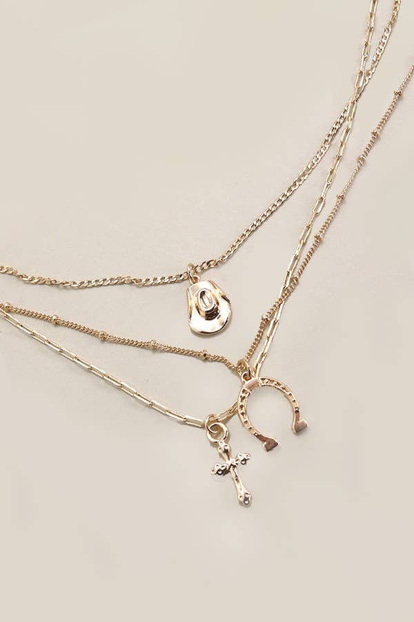 TRIO LAYER HORSESHOE HAT CROSS CAHRM NECKLACE | 80N436: Gold