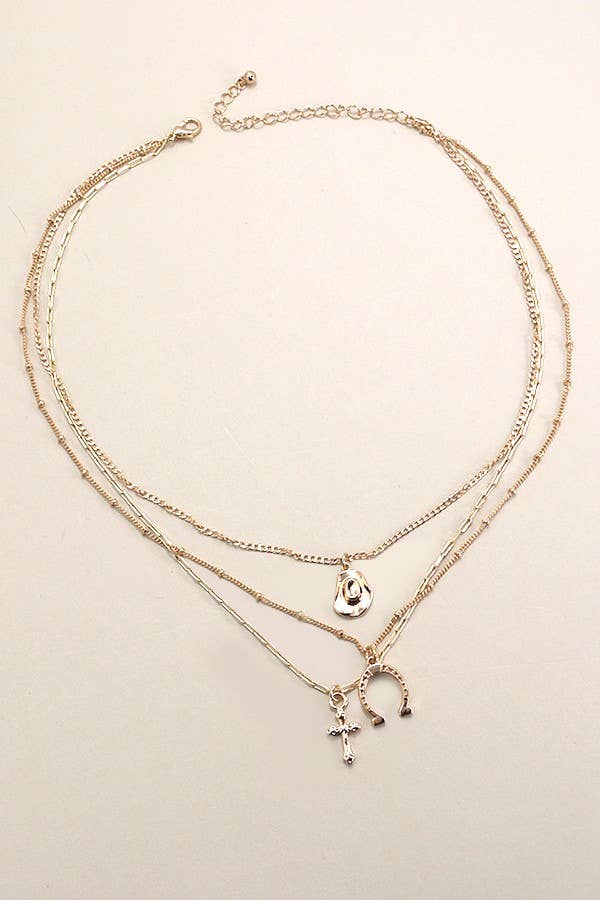 TRIO LAYER HORSESHOE HAT CROSS CAHRM NECKLACE | 80N436: Gold