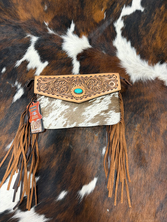 ADBG1484 American Darling Cowhide Hand-Tooled Envelop Bag | Fringe Crossbody Purse: ADBG1484 1