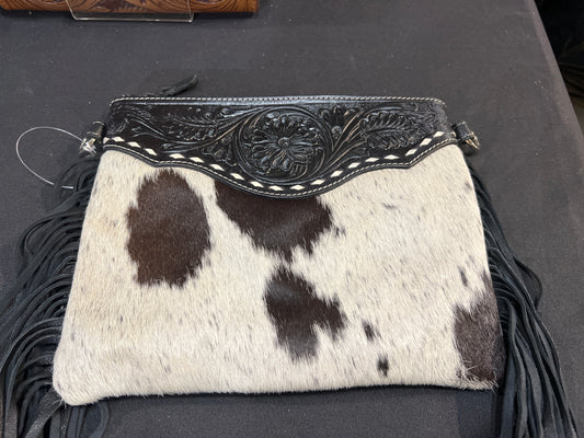 Cowhide Crossbody with Fringe - Black Leather 1