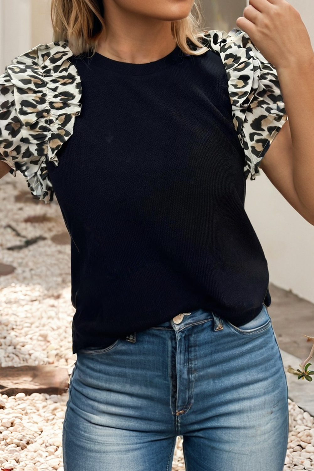Knit Contrast Leopard Ruffled Sleeve Womens Loose Top: Black
