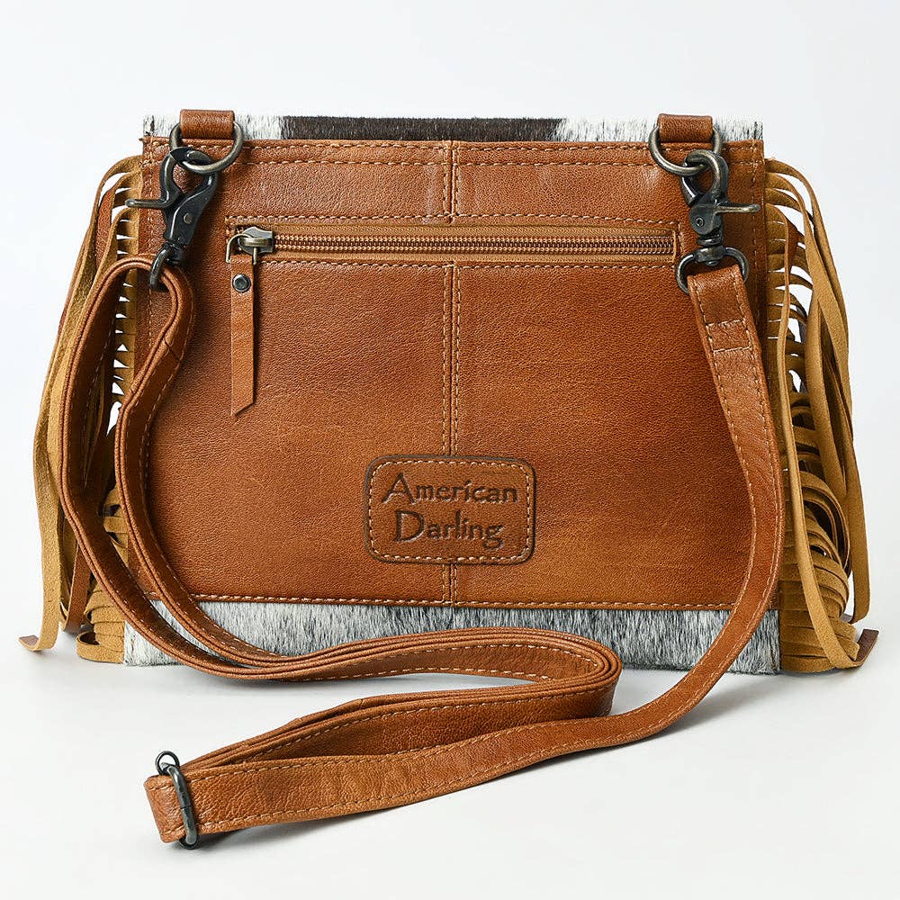 ADBG1589 American Darling Hair-On Cowhide Western Leather Wristlet Bag with Tooled Floral Detailing & Fringe: ADBG1589 1