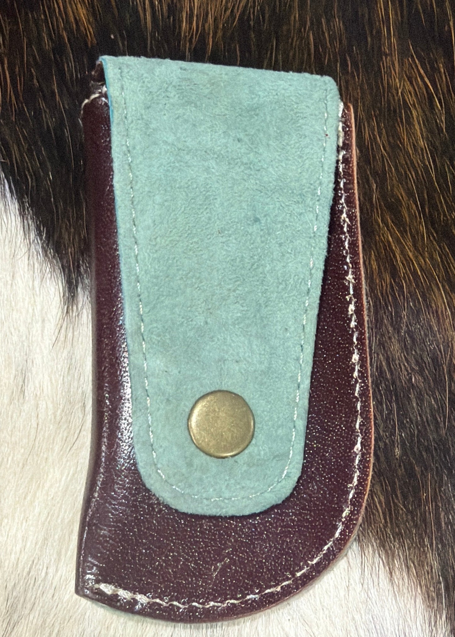 Leather Pocket Knife Sheath Genuine Leather Case Pocket: Brown with Turquoise # 5