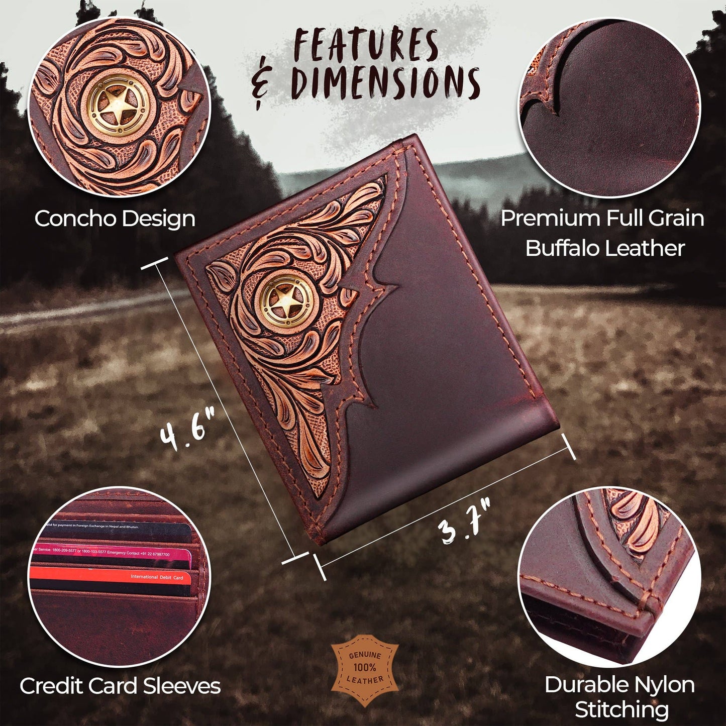 Western Wallets for Men Bifold, Mens Western Billfolds Tooled Leather & Concho