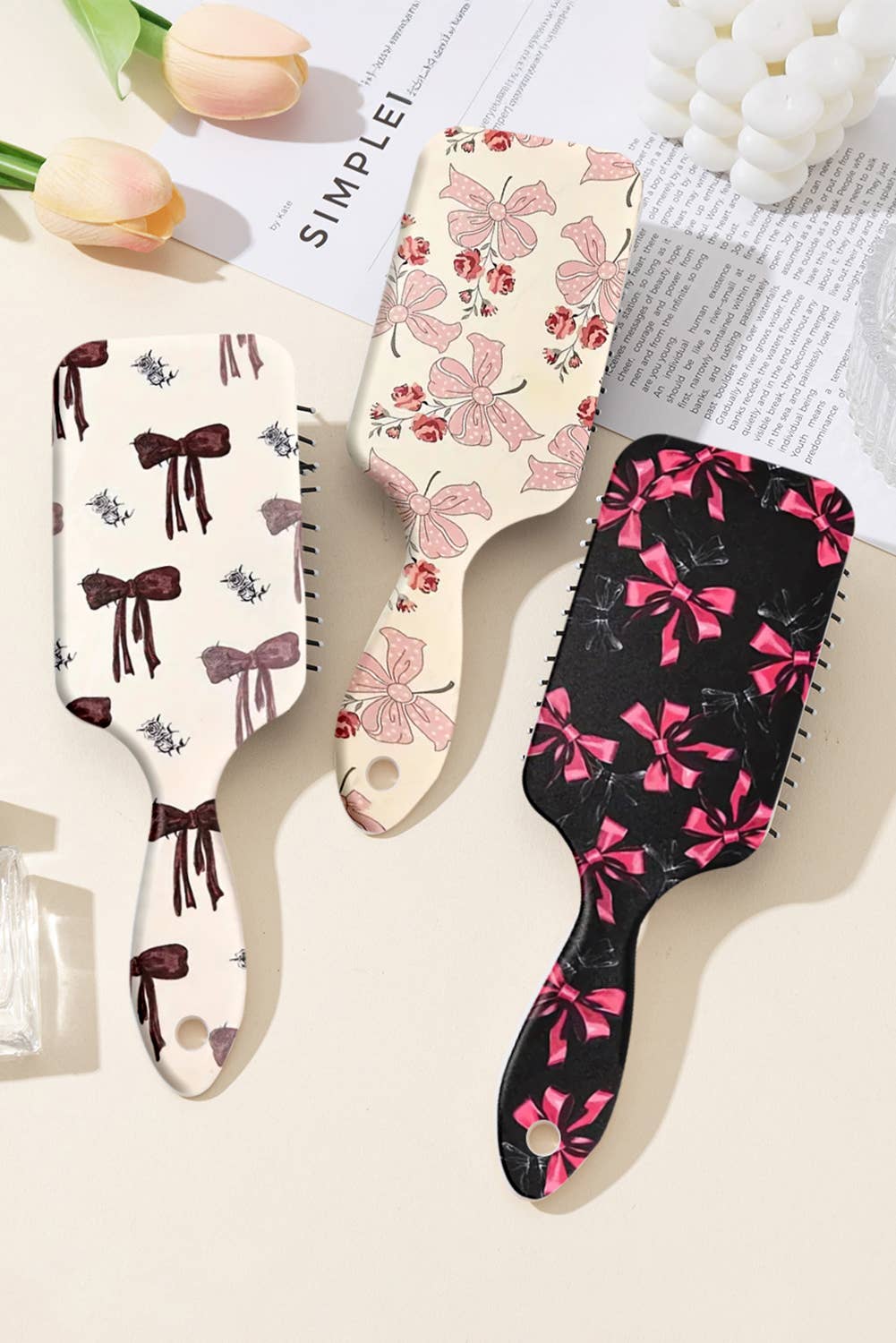 LDC Cute Ribbon Bow Print Air Cushion Comb: Black / ONE SIZE