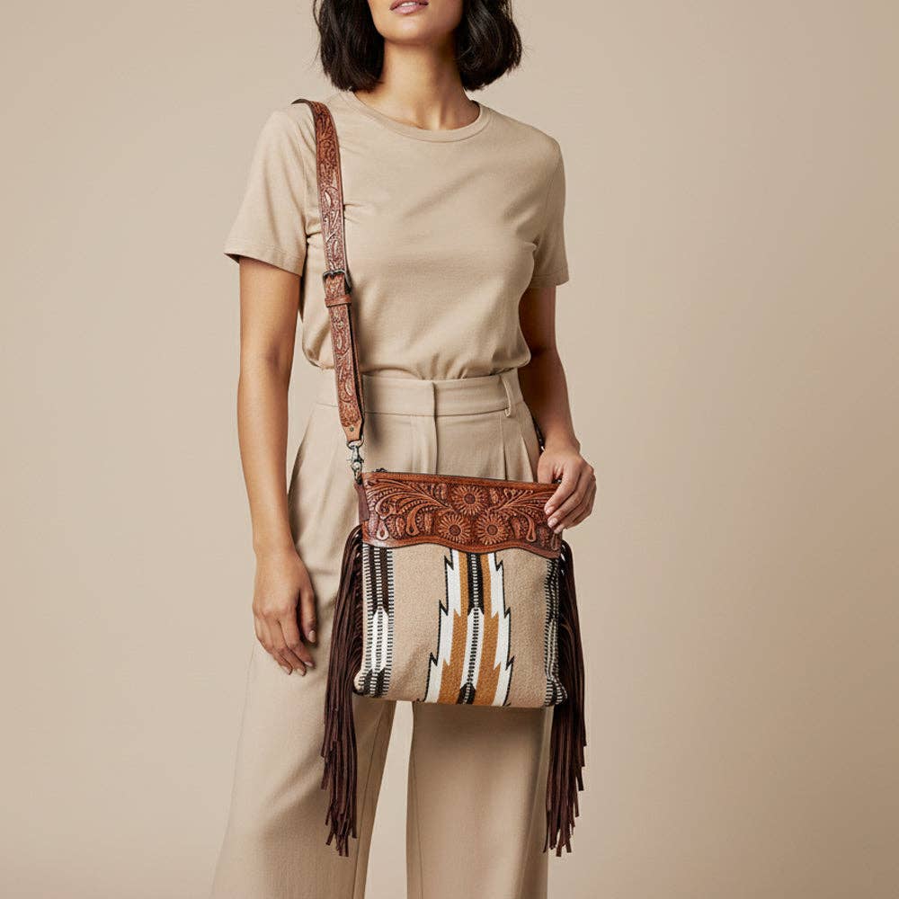 LC-ADBGZ577 Beige Southwestern Woven Crossbody Bag - Floral Tooled Leather Trim & Fringe Strap