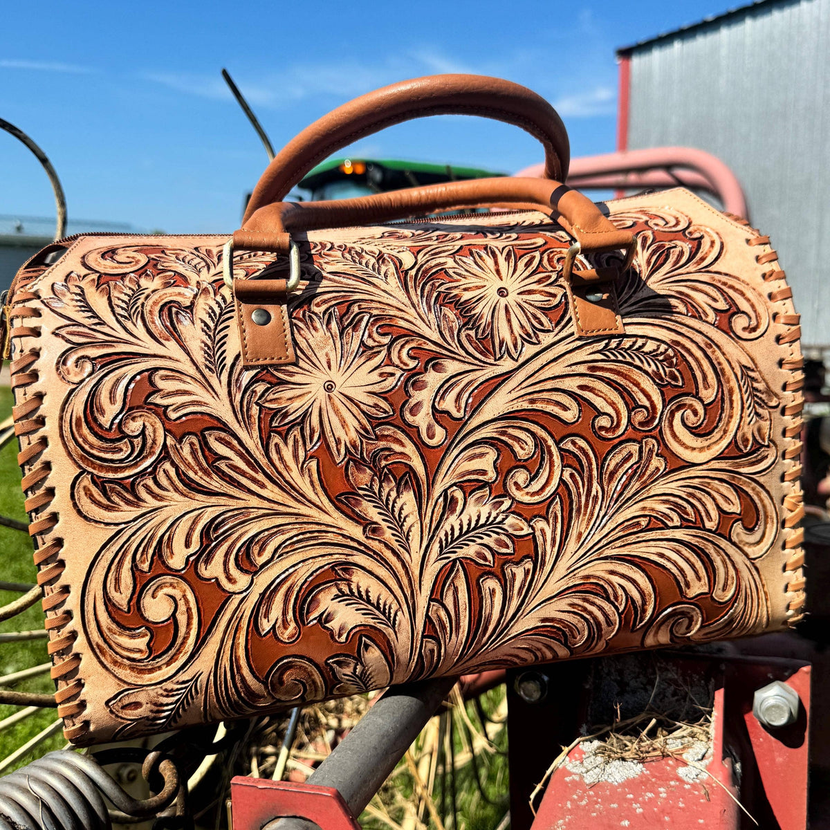 Tan Wild Daisy Heritage Speedy Western Genuine Leather Barrel Bag Purse by Double B: Medium