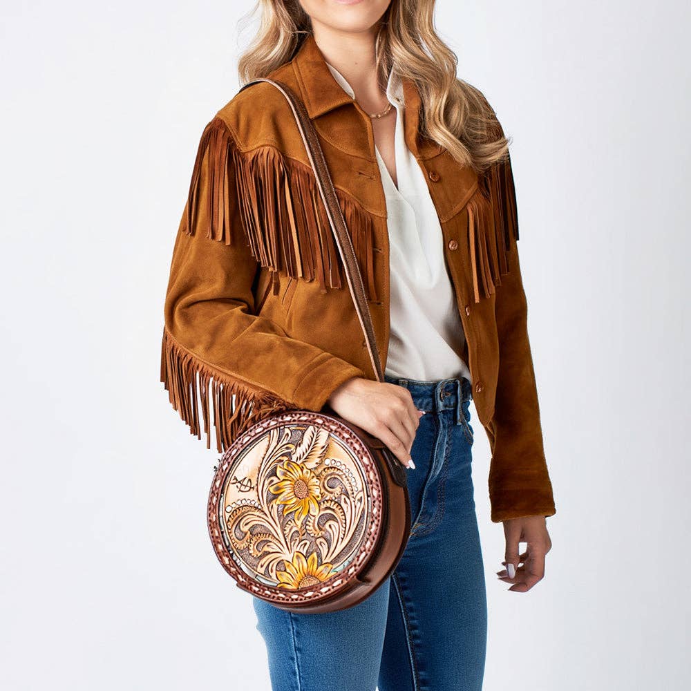 American Darling Western Tooled Leather Canteen Sunflower Carved Inlay: ADBG1188C