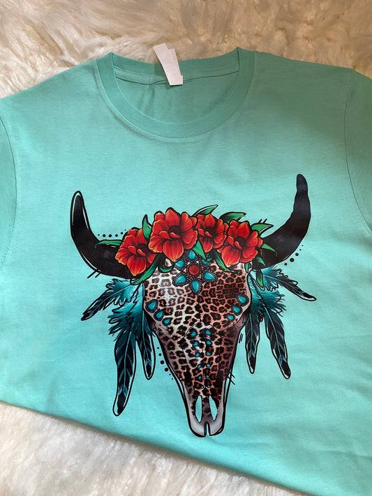 Turquoise Cow Skull Tee