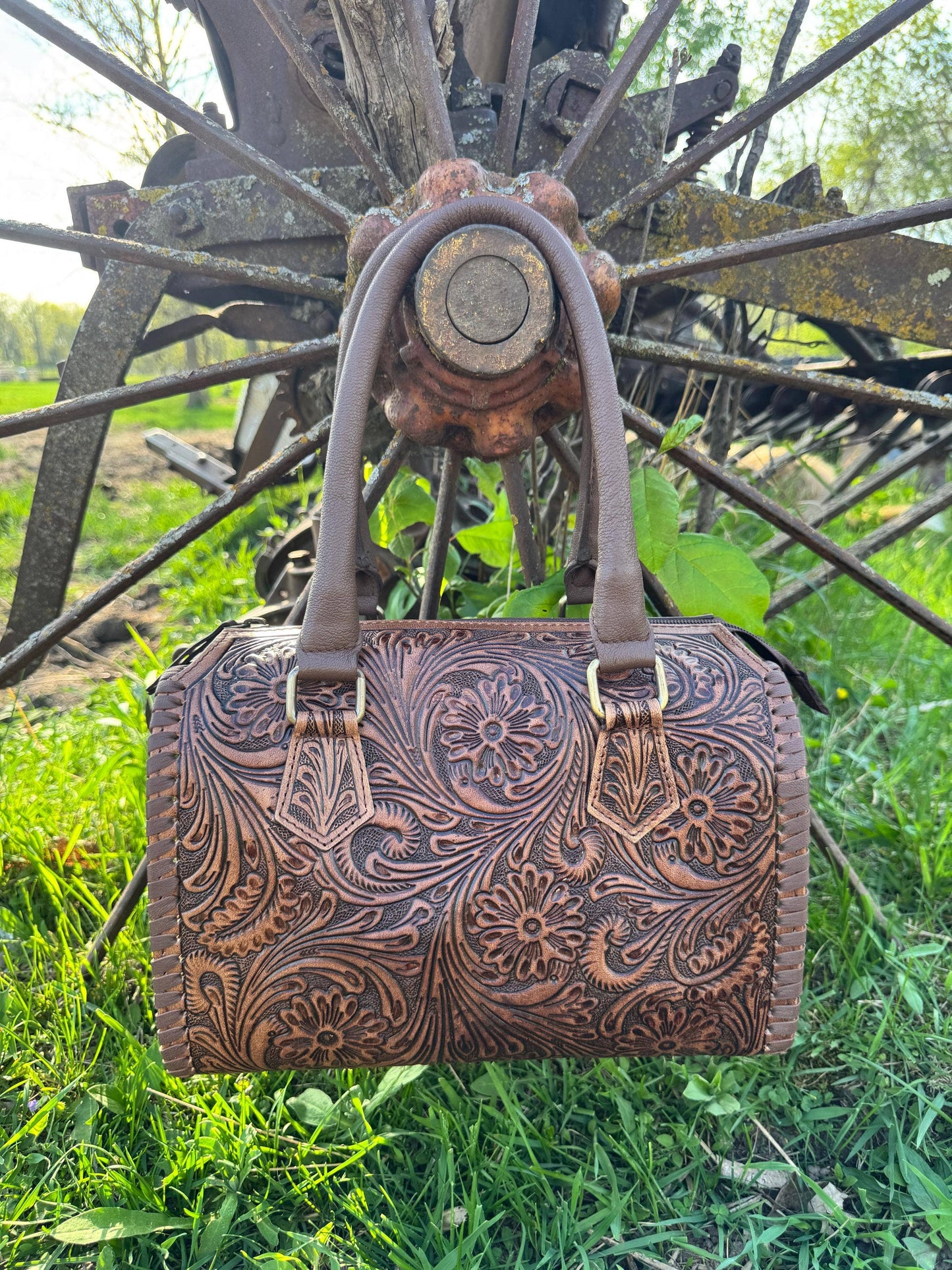 Chestnut Brown Speedy Western Genuine Leather Barrel Bag Purse: Medium