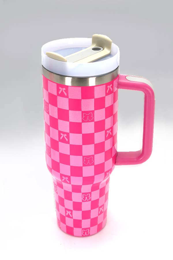 40oz STAINLESS STEEL TUMBLER BOW | TB40OZ: BOW CHECKER FUCHSIA