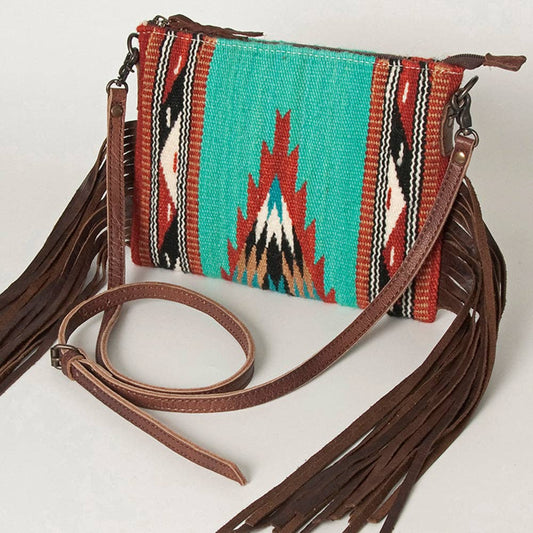 ADBG236 American Darling Cross body Bag with Woven Saddle Blanket & Fringes: ADBG236AT