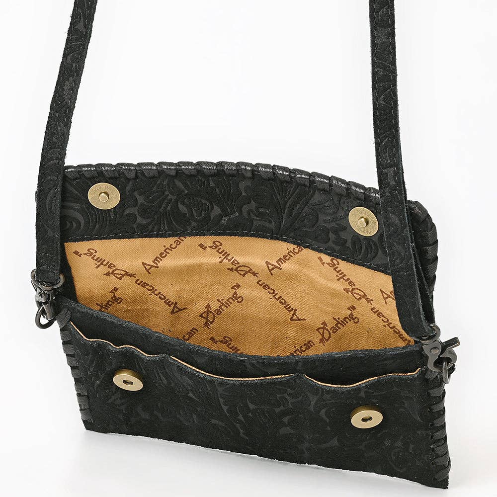 Black Floral Embossed Leather Crossbody Bag with Whipstitch Trim: ADBG1645