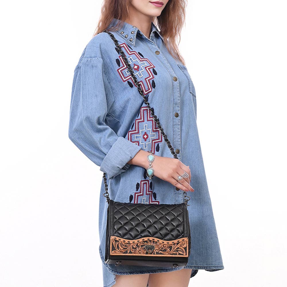 ADBG1685 American Darling Quilted Leather Crossbody | Hand-Tooled Floral Accent Purse: ADBG1685
