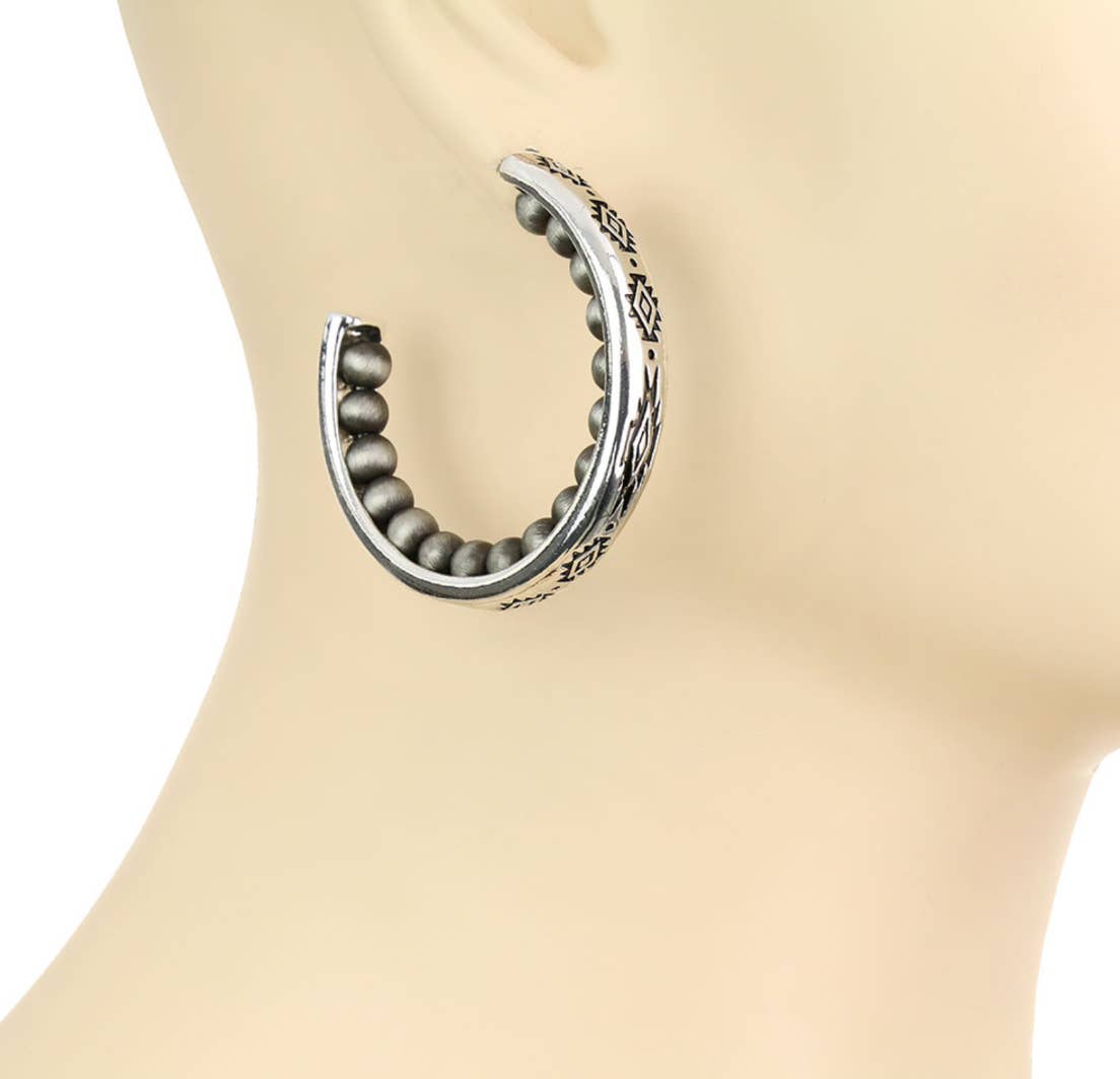 Western Navajo Style Pearl with Aztec Pattern Hoop Earrings: Silver