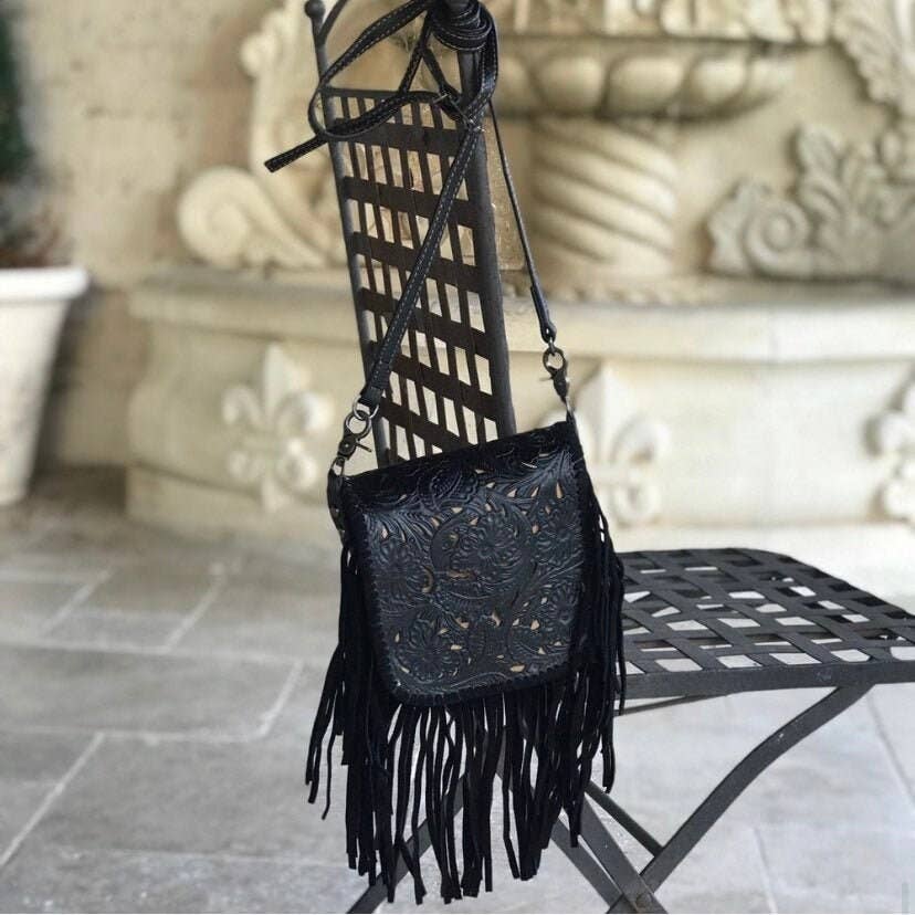 THE LEXIE CROSSBODY - BLACK - Laser Cut Crossbody Purse: Medium